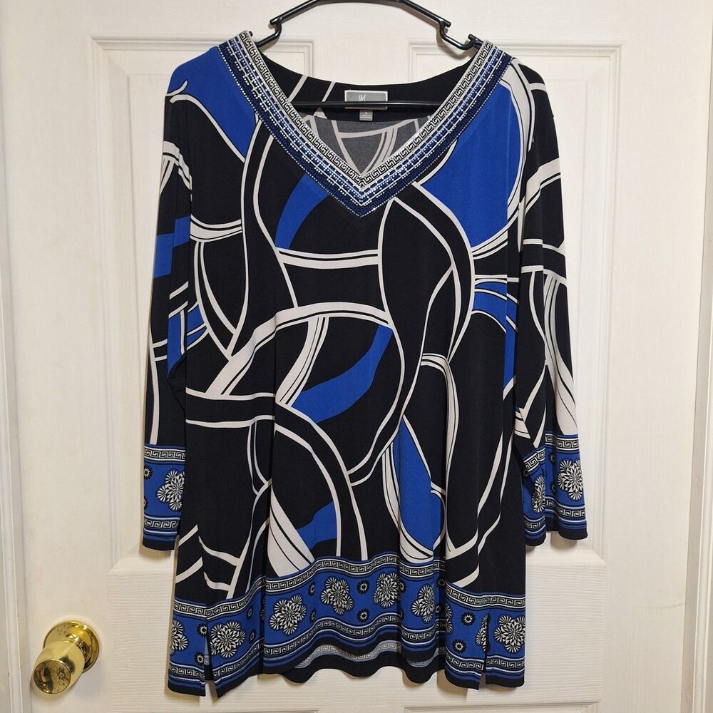 JM Collection Blue Black Geometric V Neck Rhinestone Tunic Top Maximalism Size L